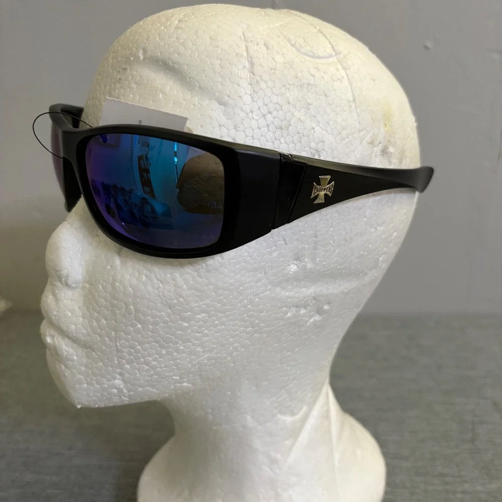 Choppers Sunglasses Mens OS Matte Black Blue Mirror Lens Biker Wrap UV400 Cross